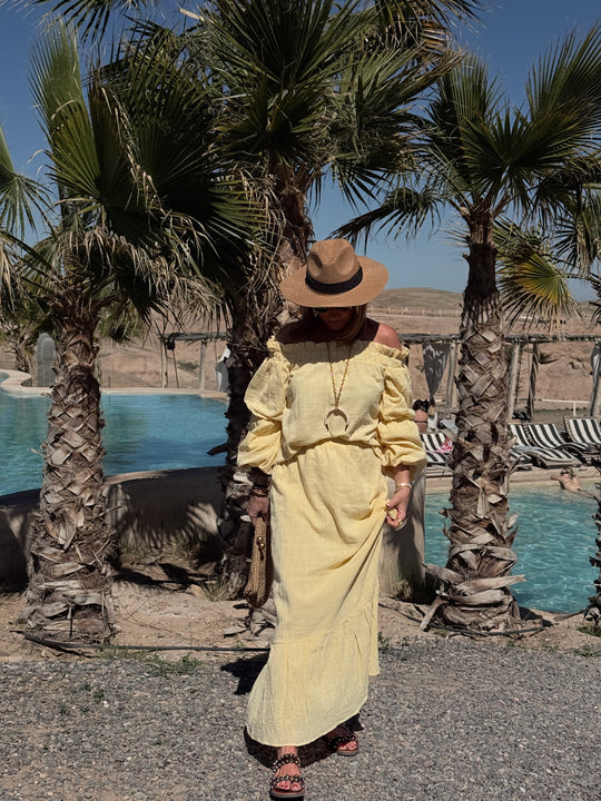 Ensemble Jaune haut épaules dénudées + jupe longue 9376