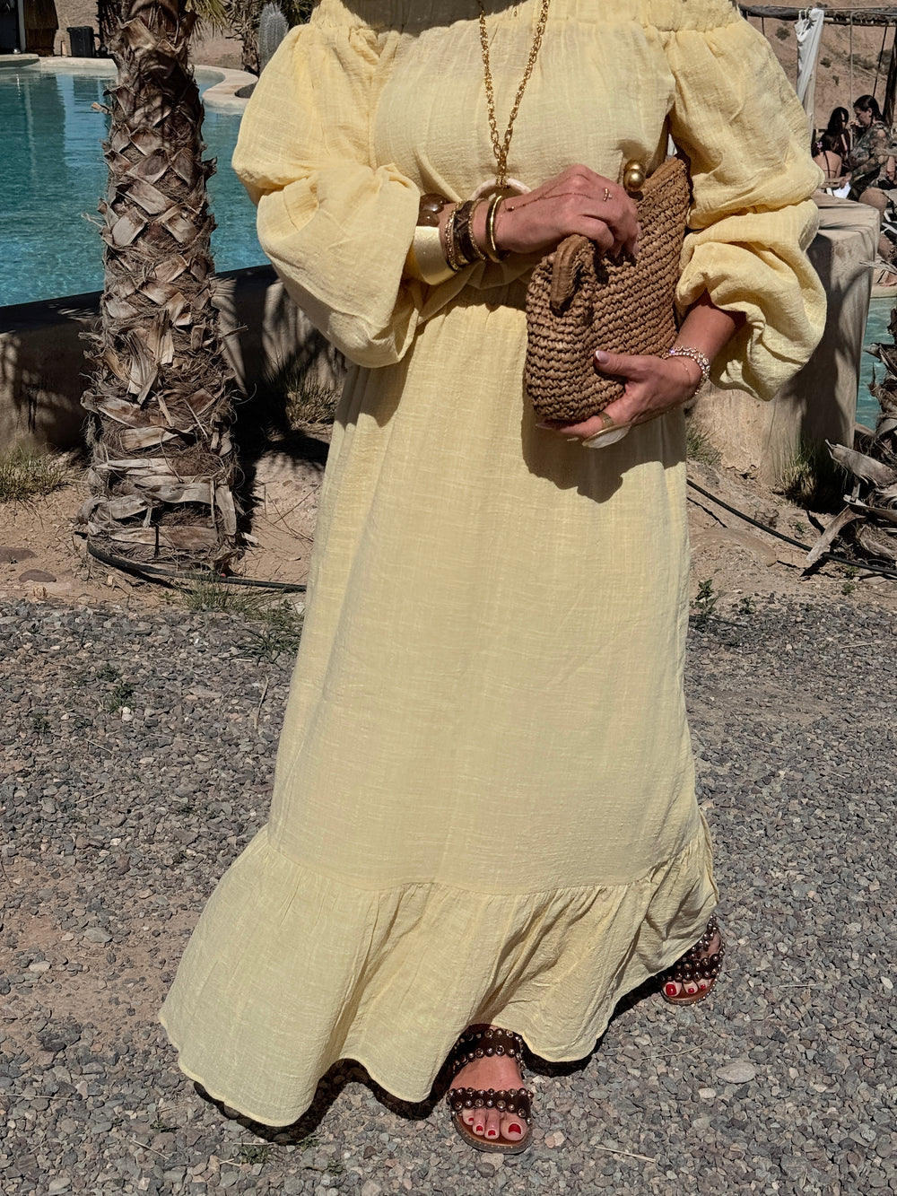 Ensemble Jaune haut épaules dénudées + jupe longue 9376