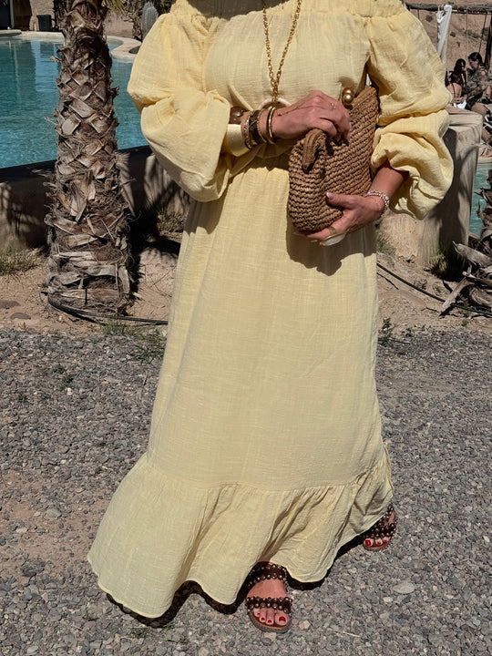 Ensemble Jaune haut épaules dénudées + jupe longue 9376