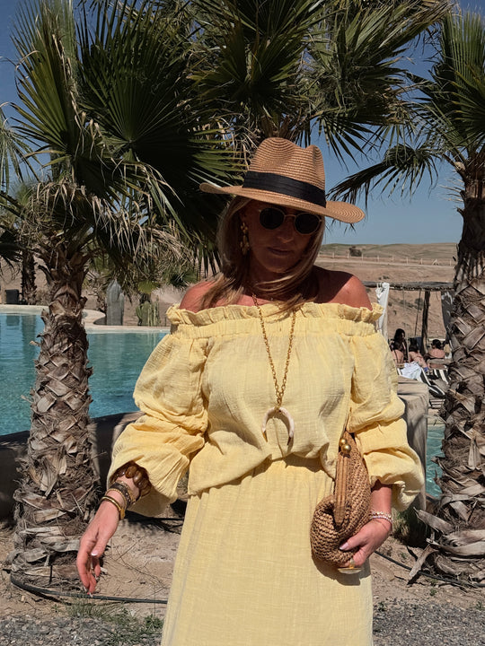 Ensemble Jaune haut épaules dénudées + jupe longue 9376