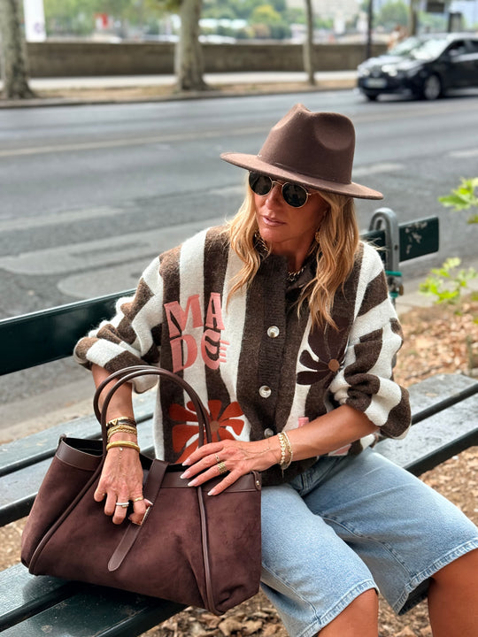 Pull Gilet rayure brodés choco