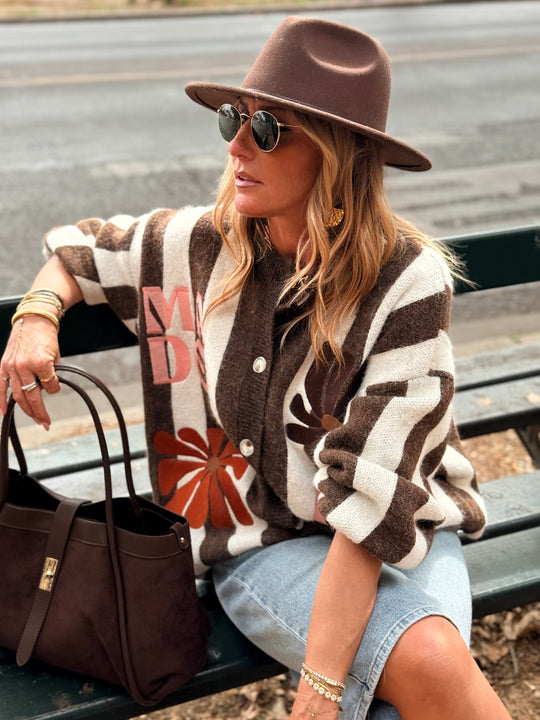 Pull Gilet rayure brodés choco