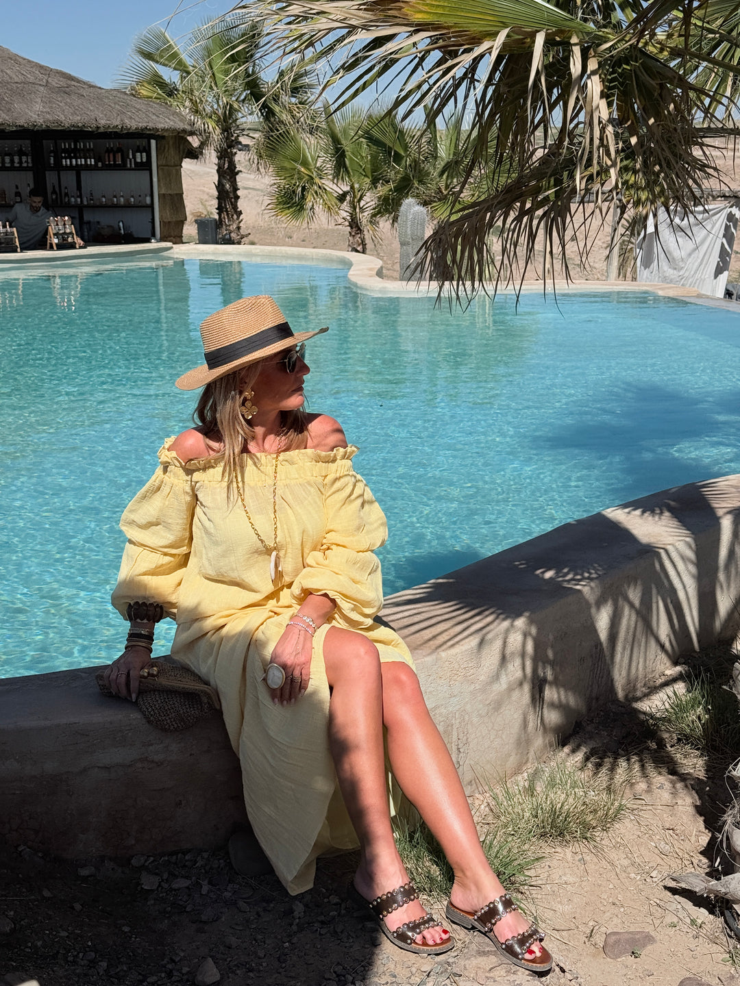 Ensemble Jaune haut épaules dénudées + jupe longue 9376