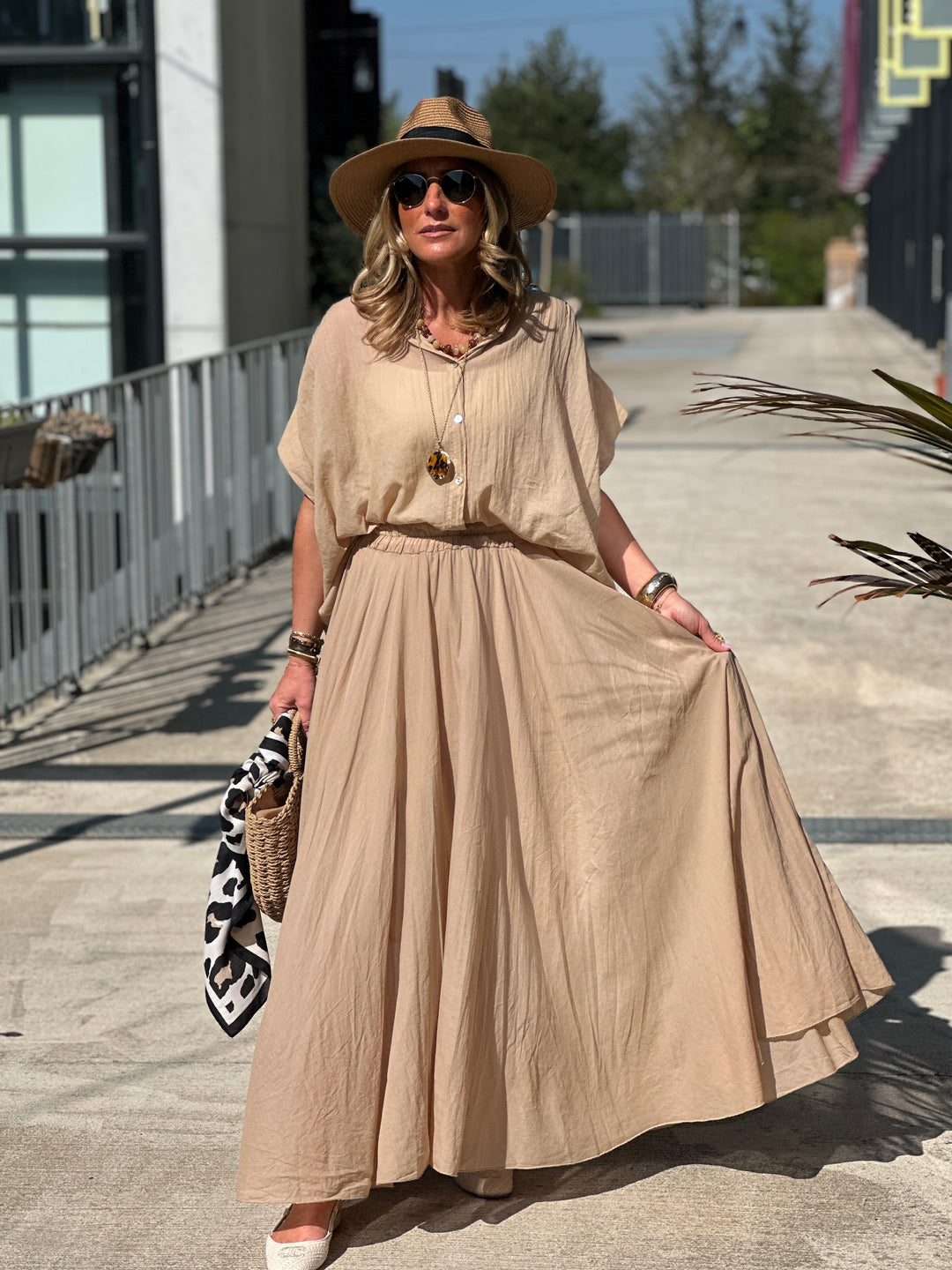Jupe Hélène volant coton Camel 84072-uni