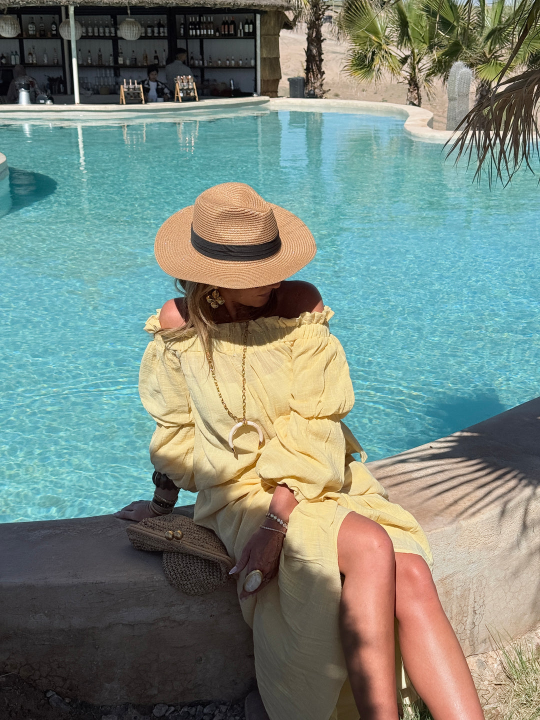 Ensemble Jaune haut épaules dénudées + jupe longue 9376