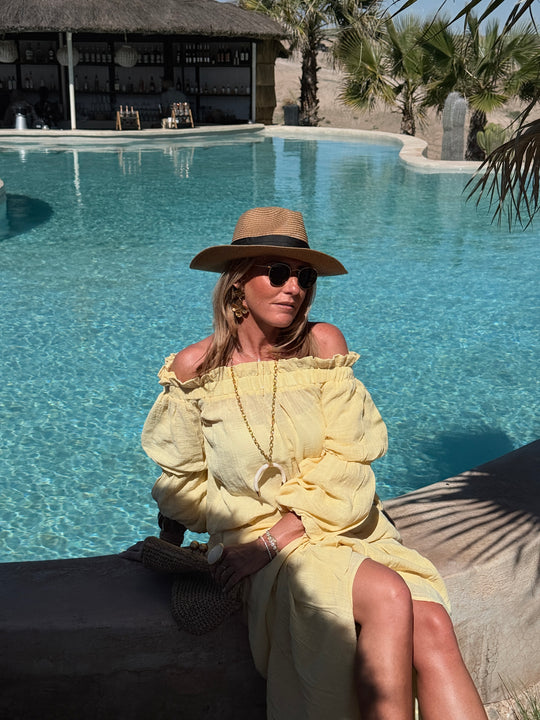 Ensemble Jaune haut épaules dénudées + jupe longue 9376