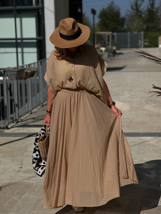 Jupe Hélène volant coton Camel 84072-uni