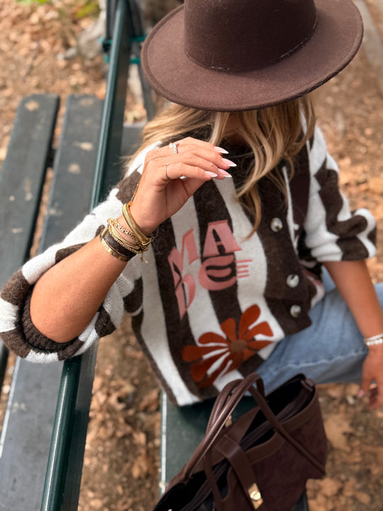Pull Gilet rayure brodés choco