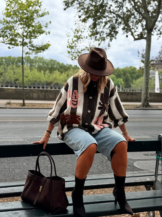 Pull Gilet rayure brodés choco