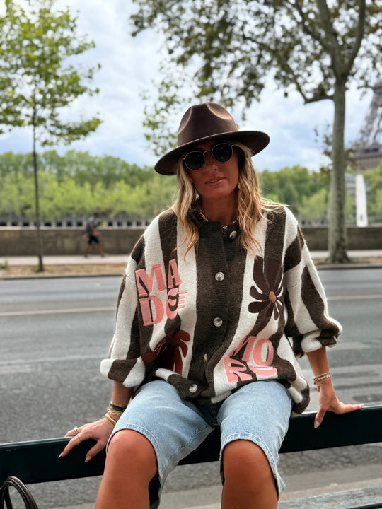 Pull Gilet rayure brodés choco