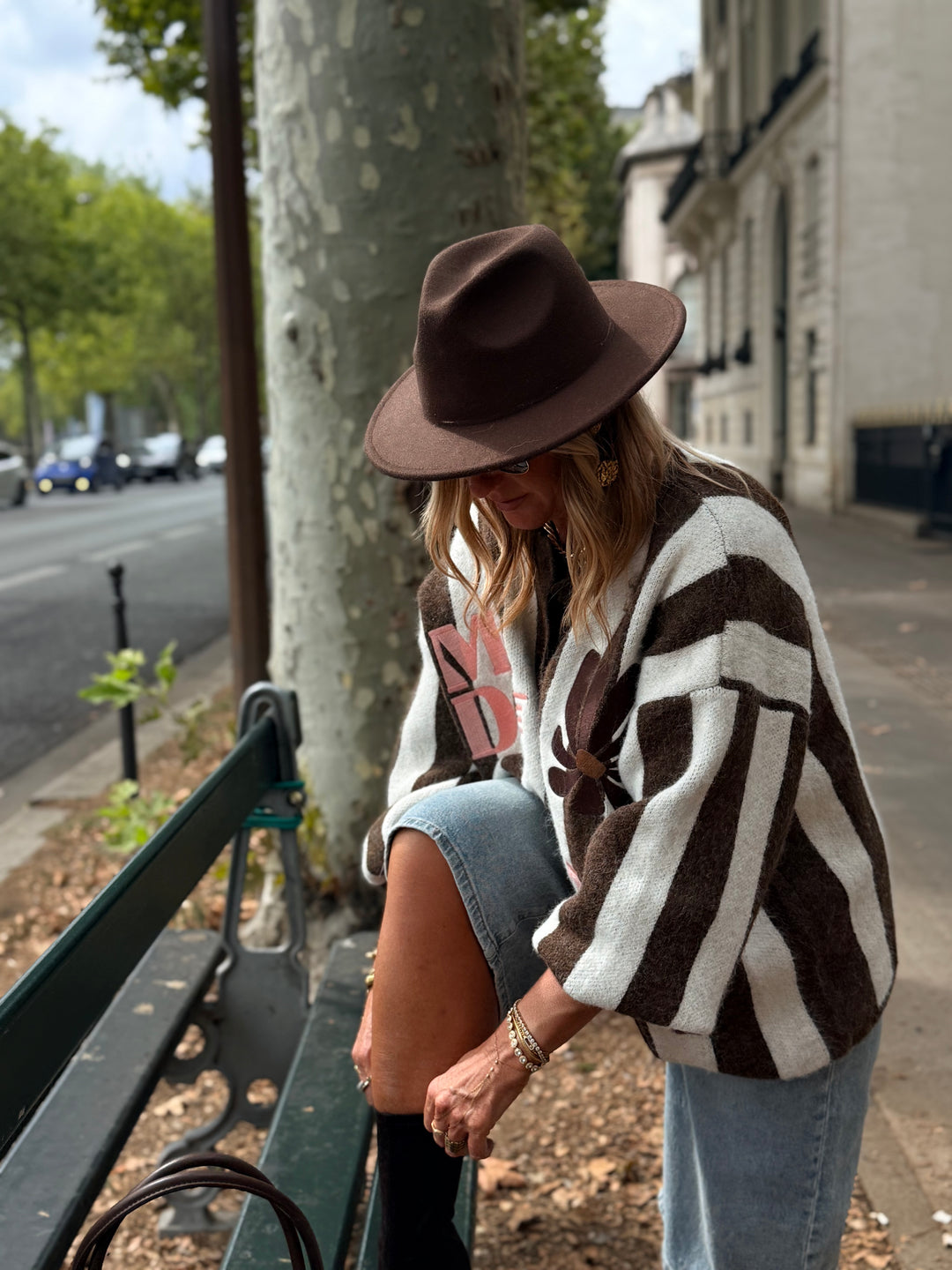 Pull Gilet rayure brodés choco