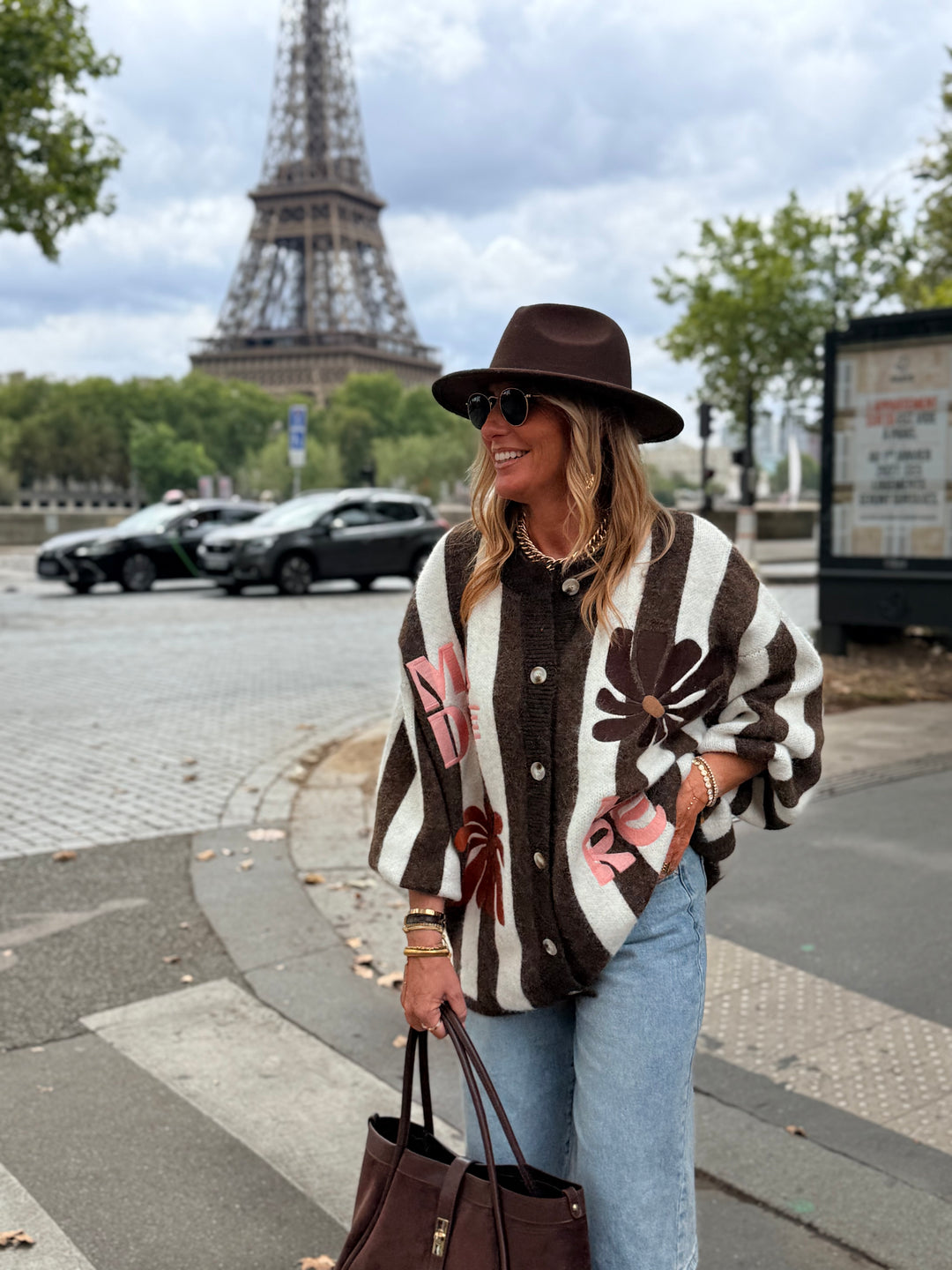 Pull Gilet rayure brodés choco