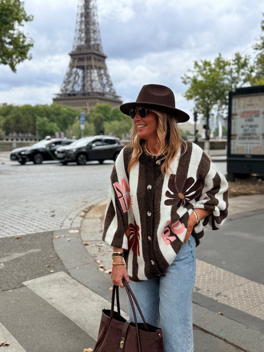 Pull Gilet rayure brodés choco