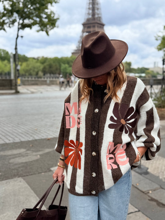 Pull Gilet rayure brodés choco