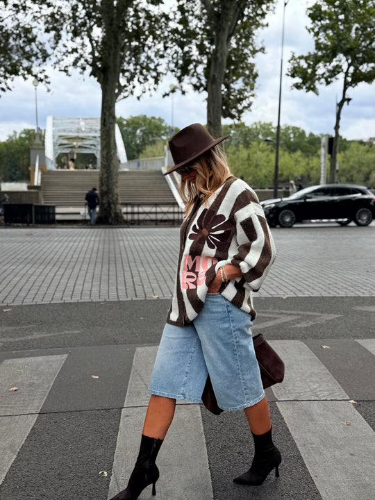 Pull Gilet rayure brodés choco