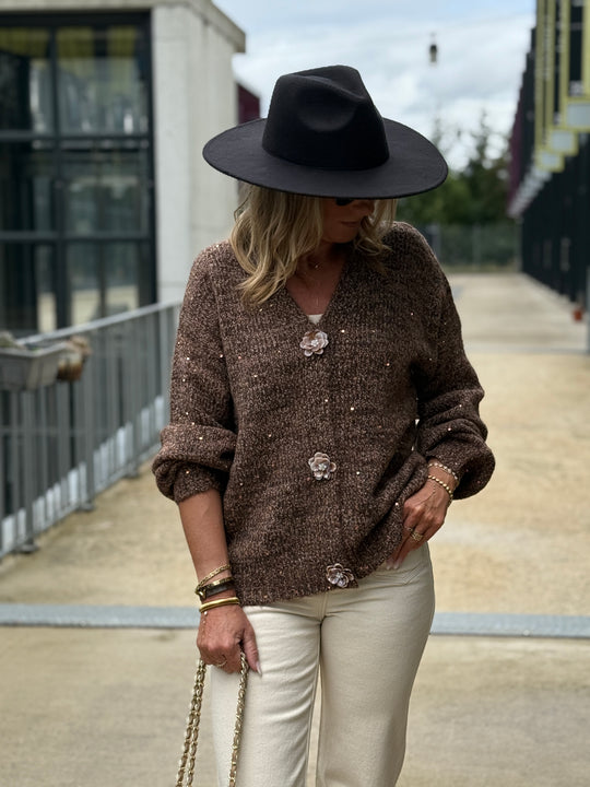 Pull choco boutons fleuris5521