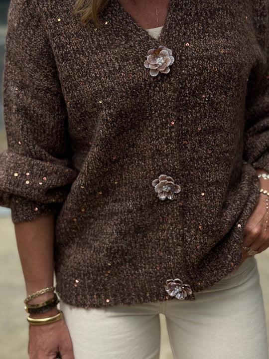 Pull choco boutons fleuris5521