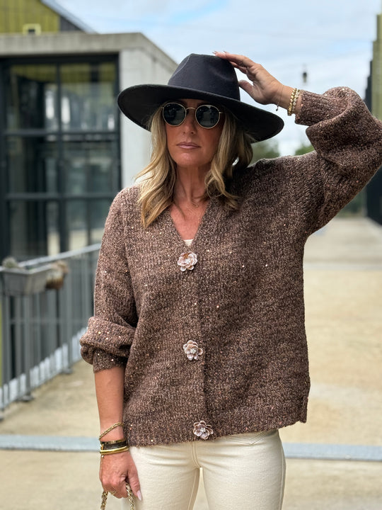 Pull choco boutons fleuris5521
