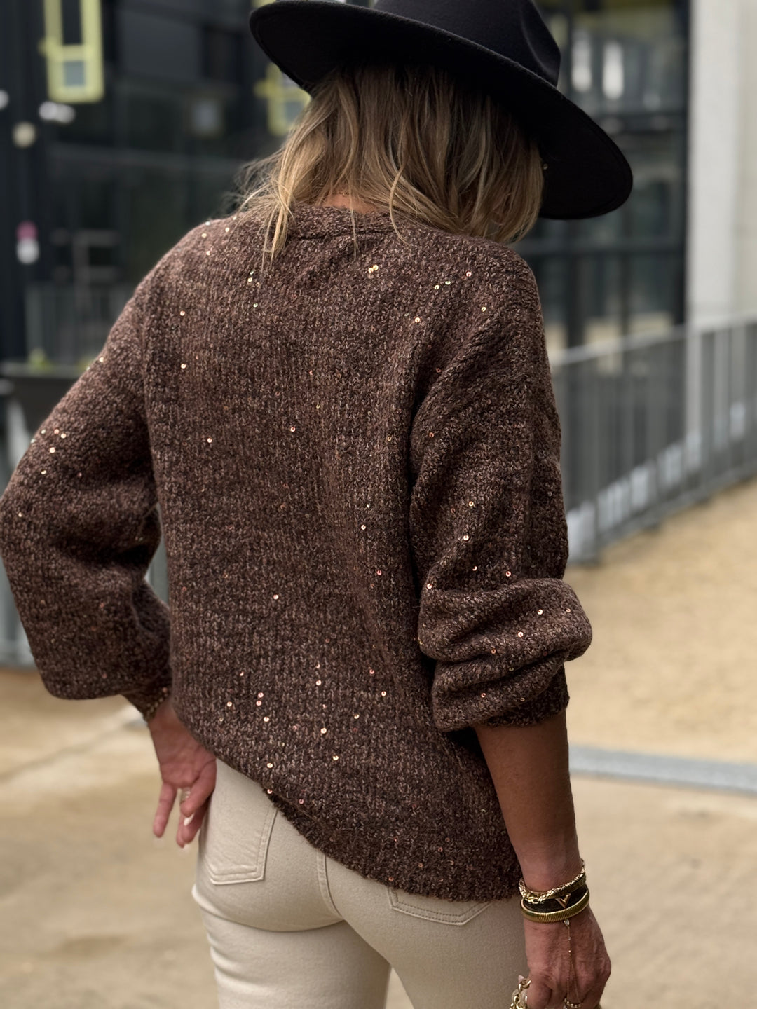 Pull choco boutons fleuris5521