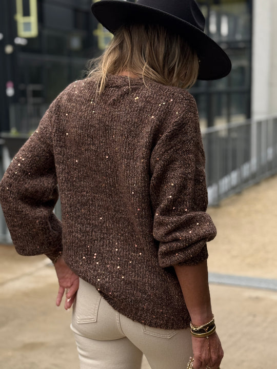Pull choco boutons fleuris5521