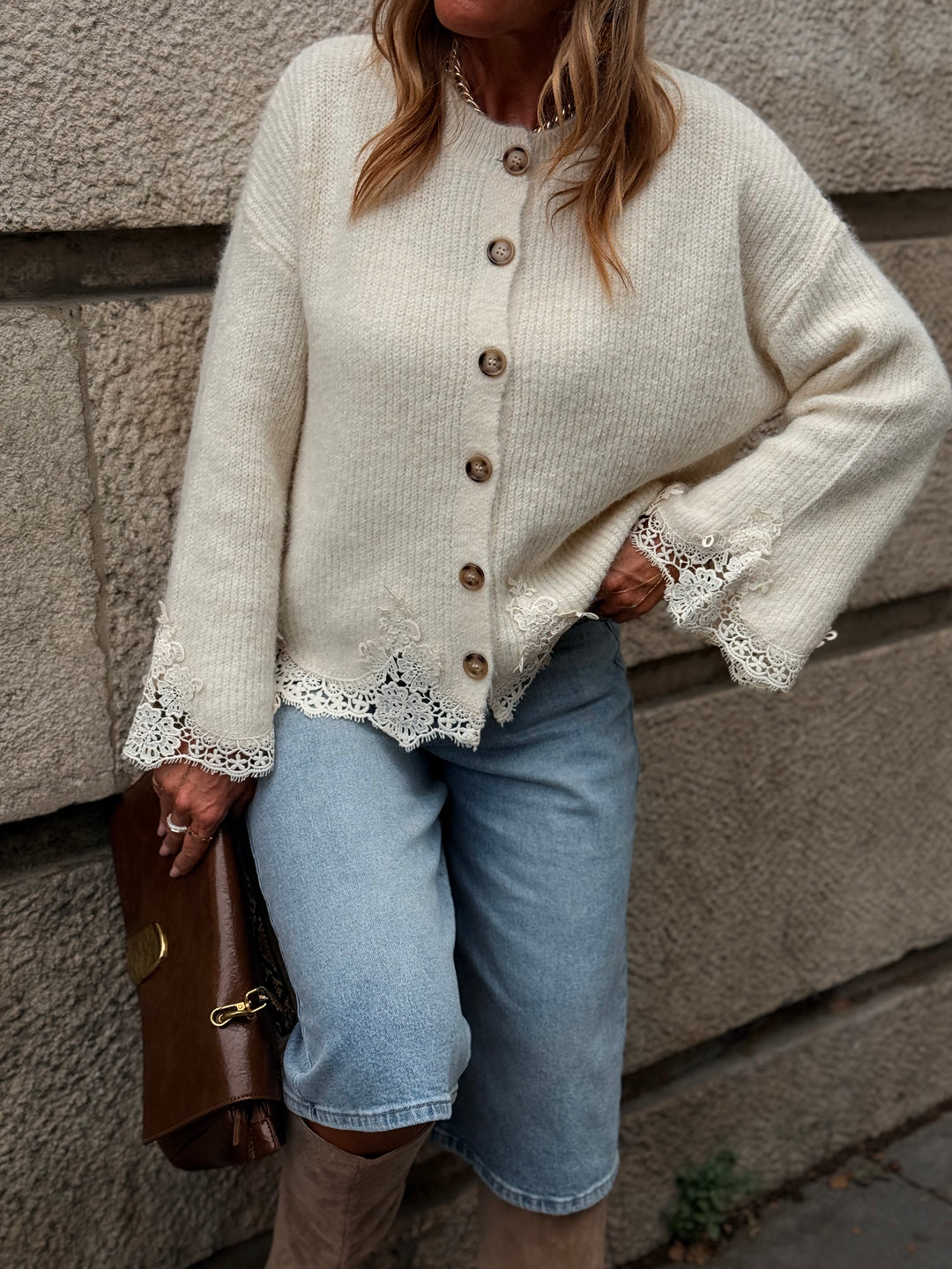 Gilet manches dentelle Beige 2752