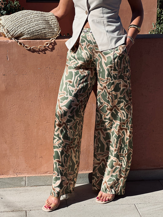 Pantalon fluide motif vert/marron  / 7562