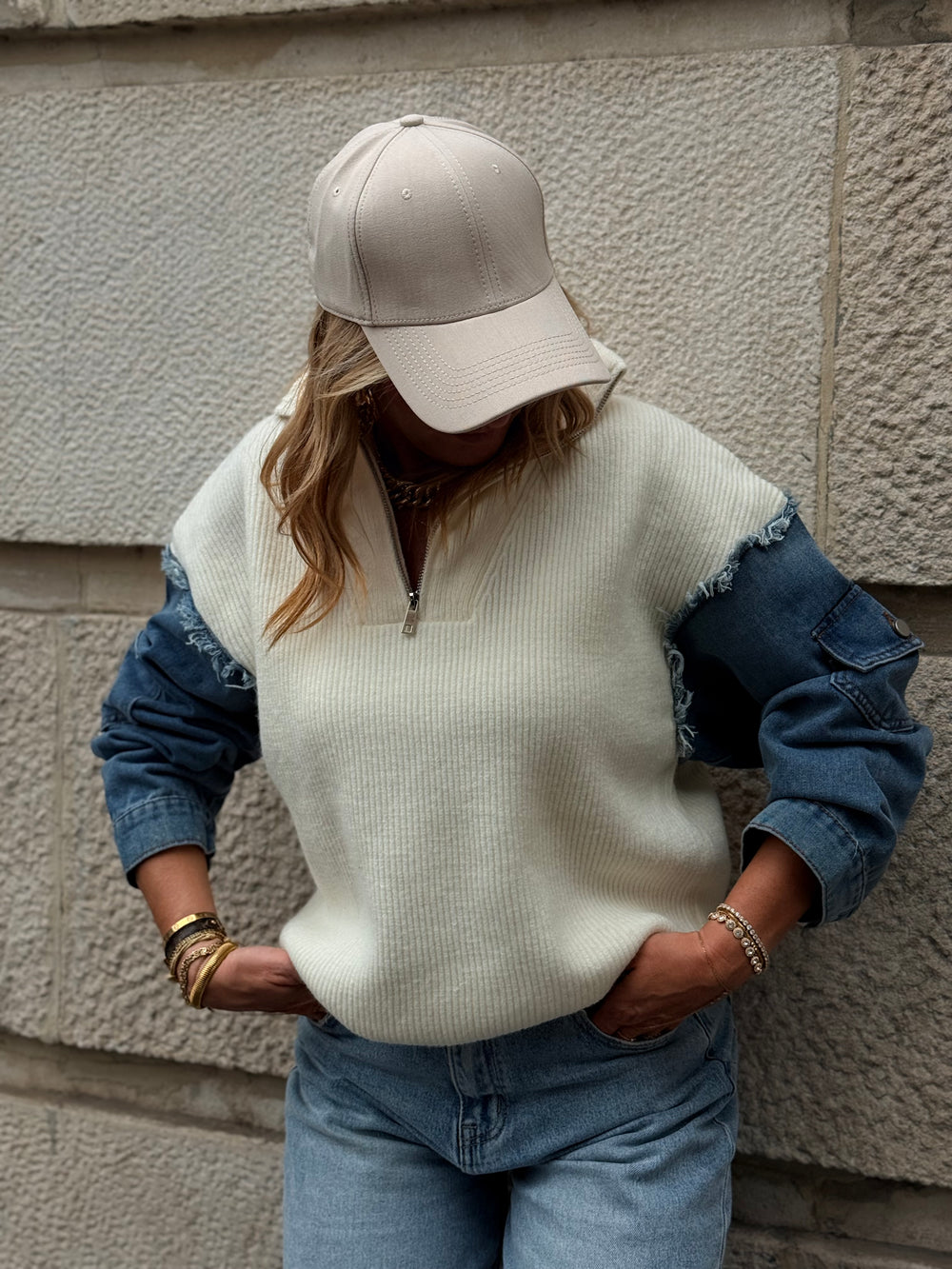 Pull À Zip Mi Maille Mi Denim H903 Ecru