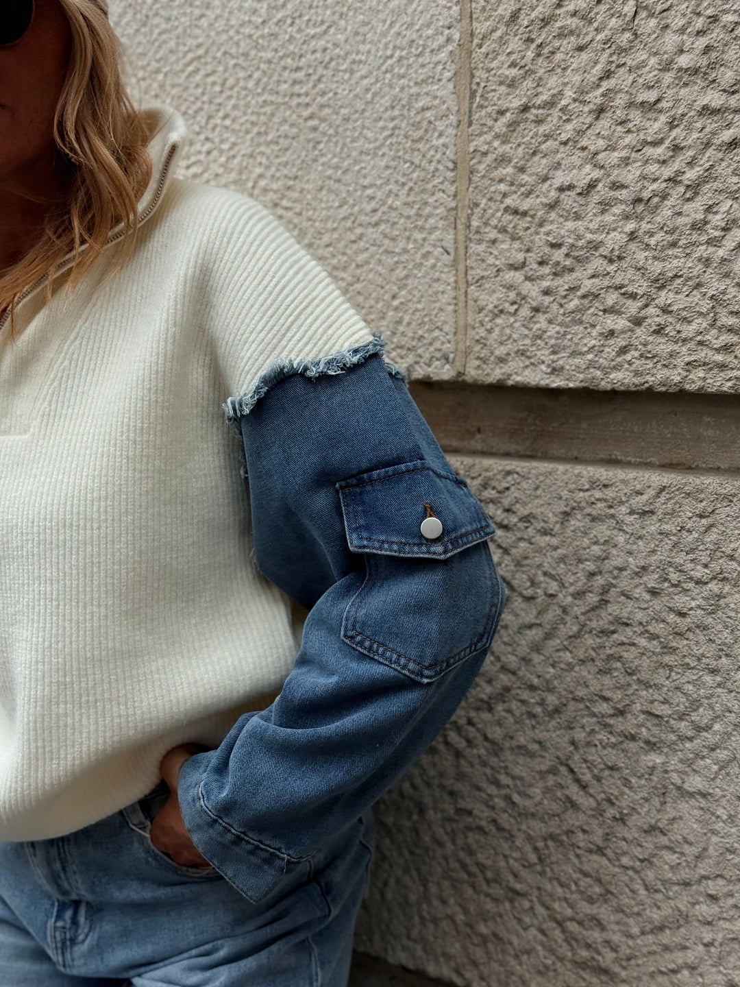 Pull À Zip Mi Maille Mi Denim H903 Ecru