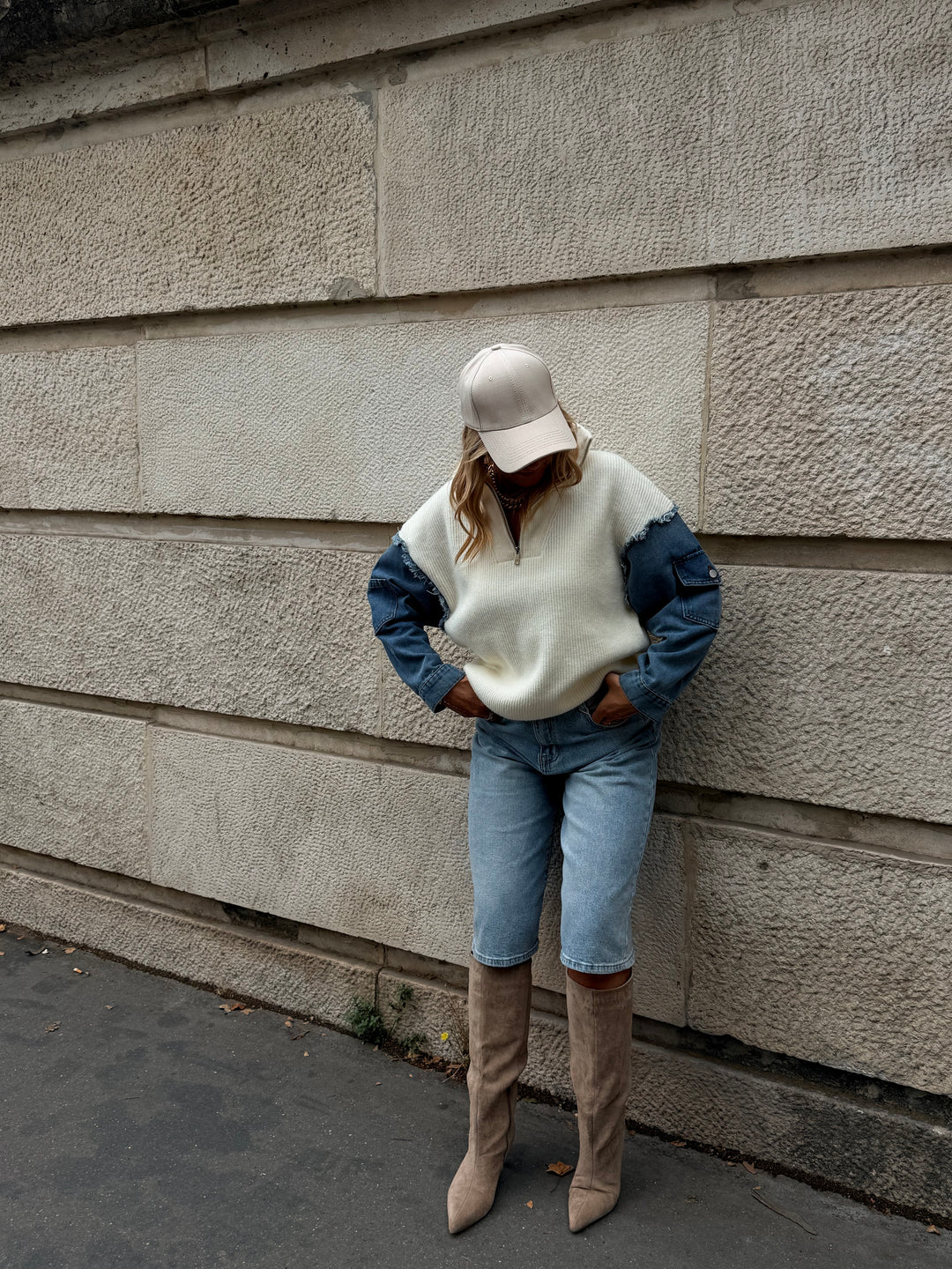 Pull À Zip Mi Maille Mi Denim H903 Ecru
