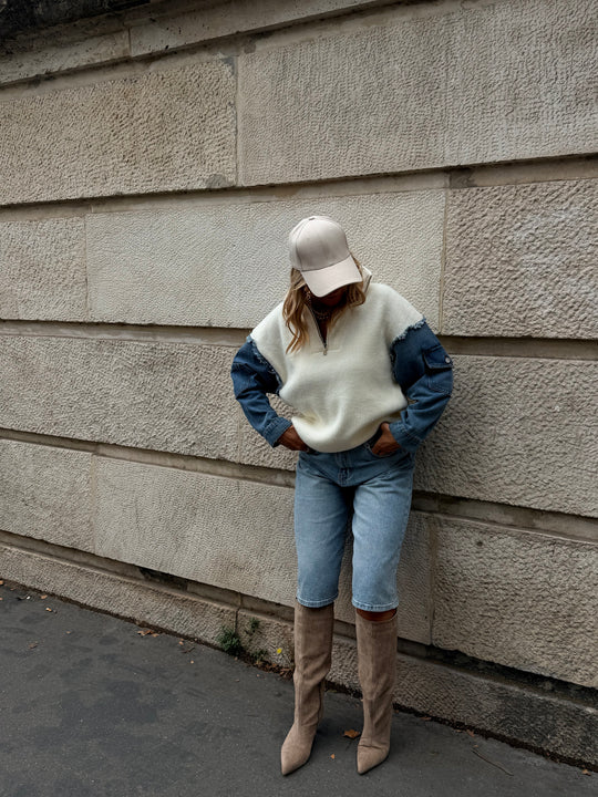 Pull À Zip Mi Maille Mi Denim H903 Ecru