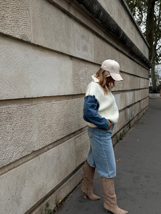 Pull À Zip Mi Maille Mi Denim H903 Ecru