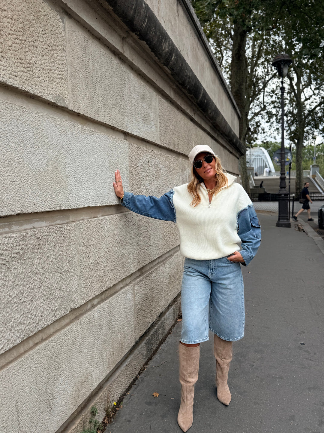 Pull À Zip Mi Maille Mi Denim H903 Ecru