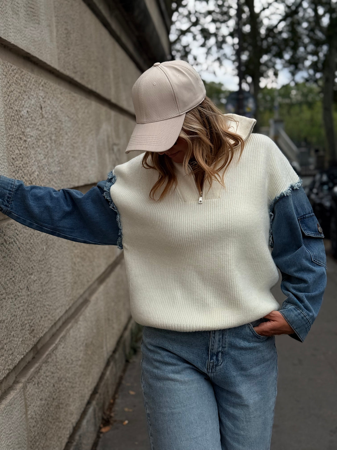 Pull À Zip Mi Maille Mi Denim H903 Ecru