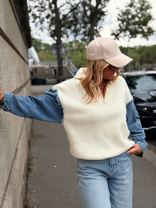 Pull À Zip Mi Maille Mi Denim H903 Ecru