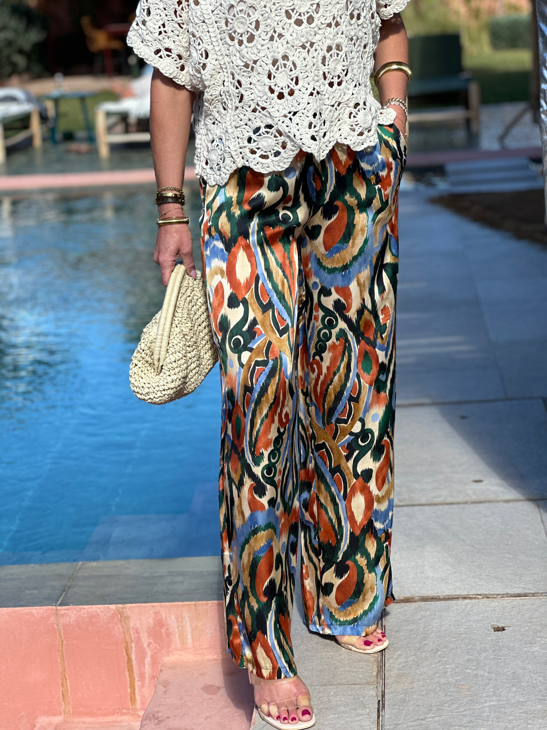 Pantalon fluide motif Noir-oragne  / 7562