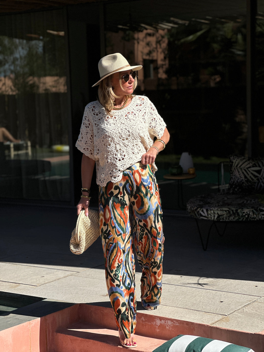 Pantalon fluide motif Noir-oragne  / 7562