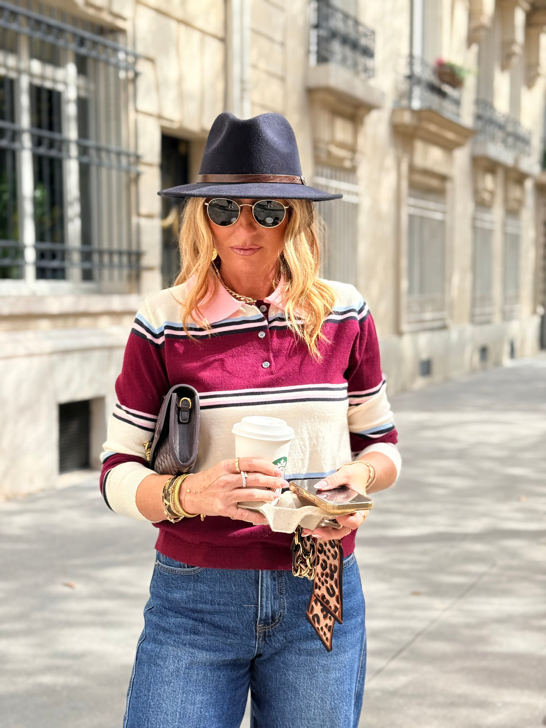 Pull rayure bordeaux/rose 2837