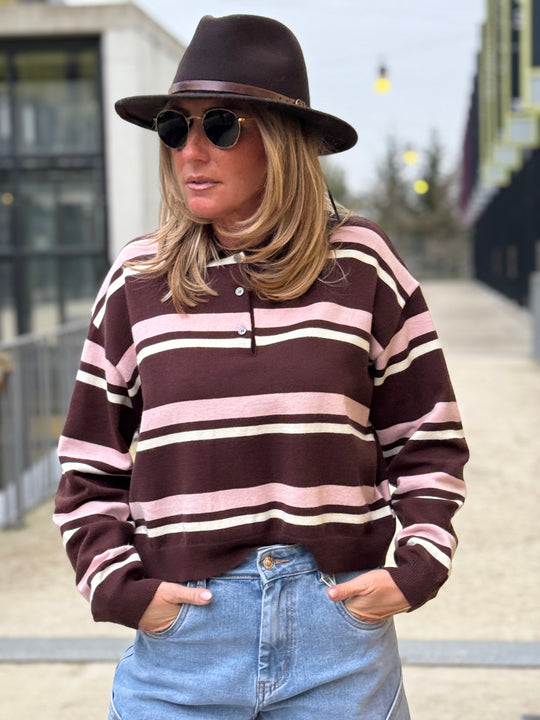 Pull rayure polo marron/rose 698