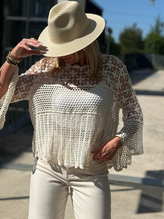 Pull crochet ÉCRU manches longues évasées 8077