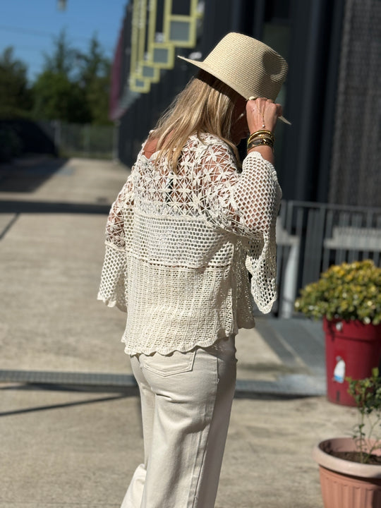Pull crochet ÉCRU manches longues évasées 8077