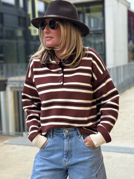 Pull rayure polo marron/ecru 697