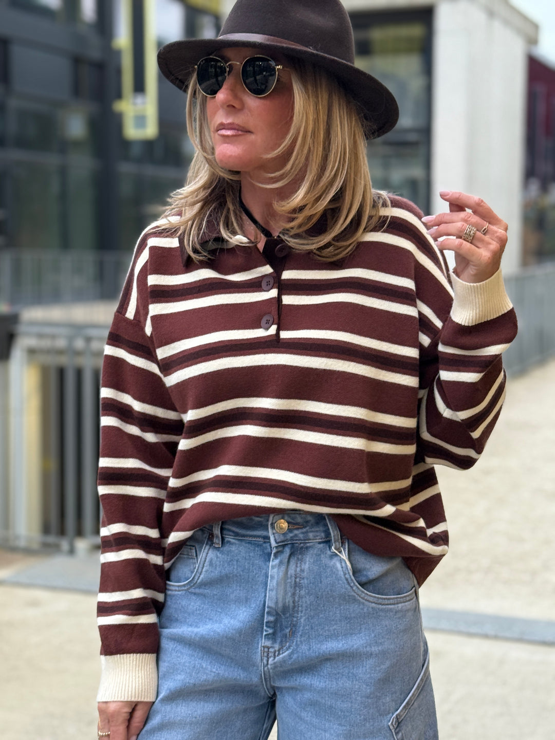 Pull rayure polo marron/ecru 697