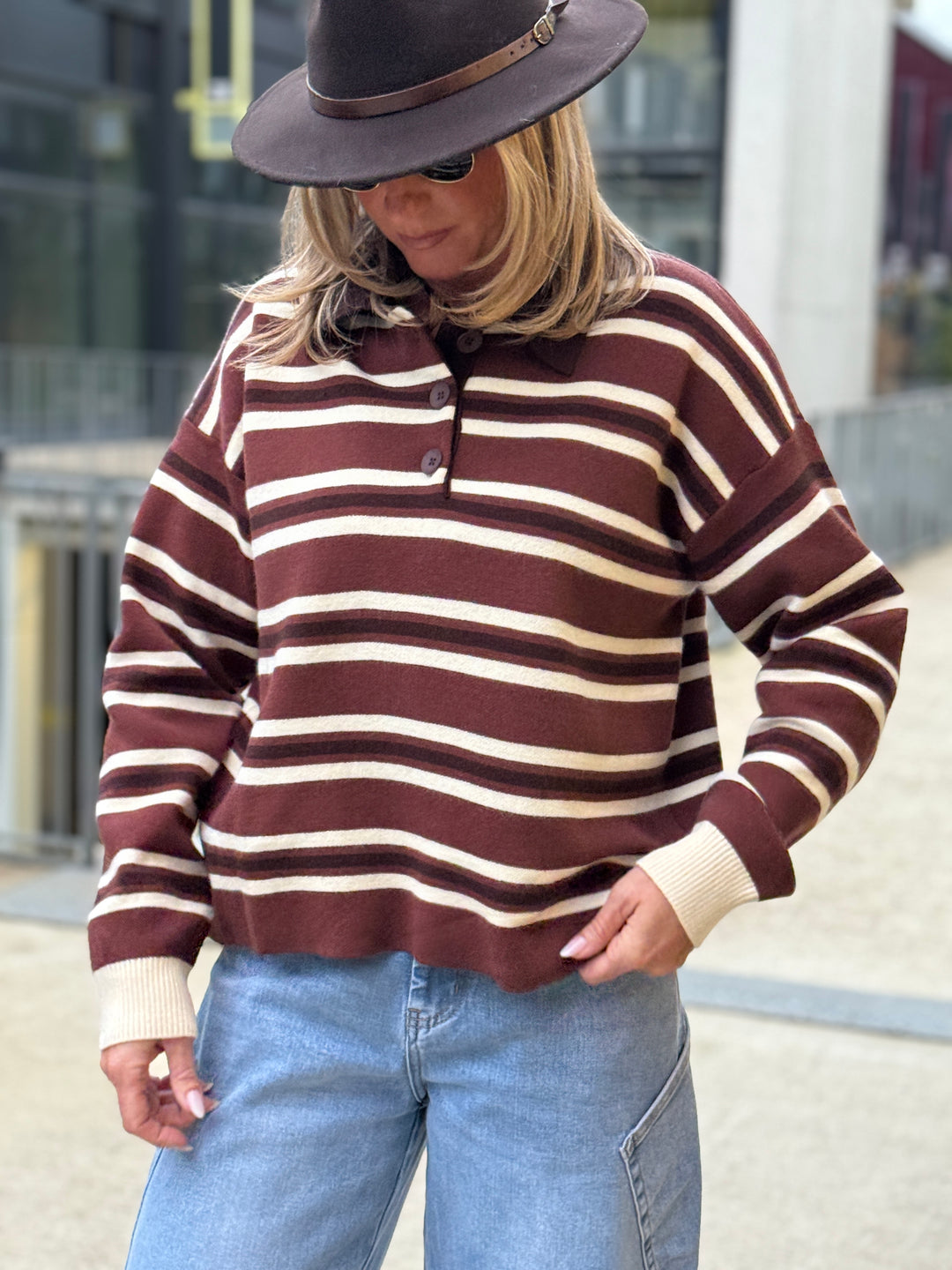Pull rayure polo marron/ecru 697