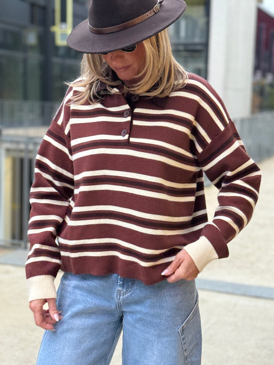Pull rayure polo marron/ecru 697