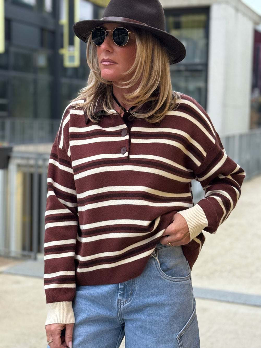 Pull rayure polo marron/ecru 697
