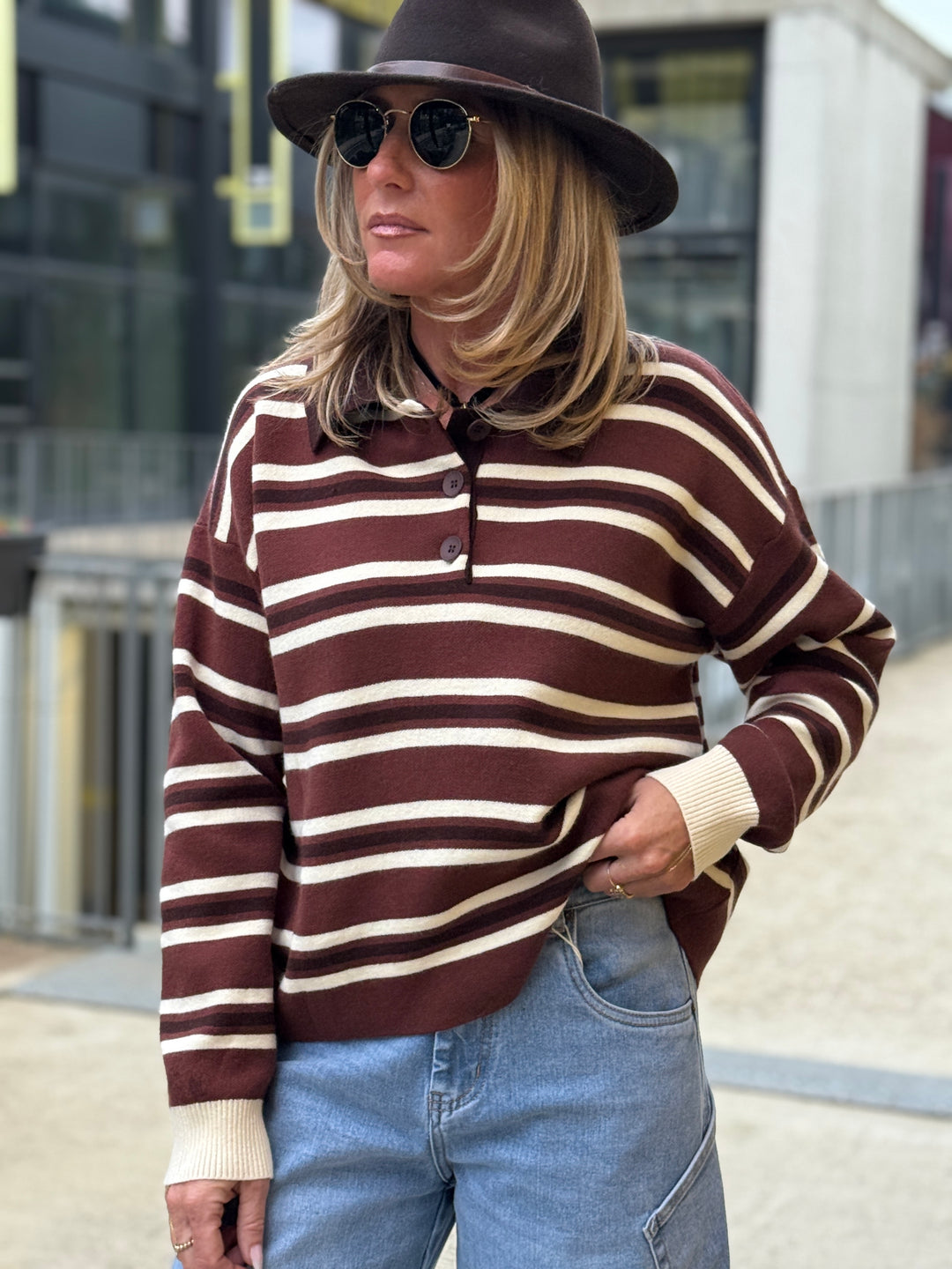 Pull rayure polo marron/ecru 697