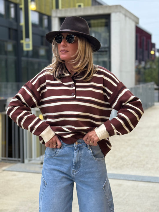 Pull rayure polo marron/ecru 697
