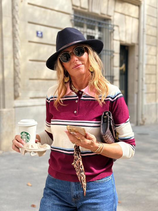 Pull rayure bordeaux/rose 2837