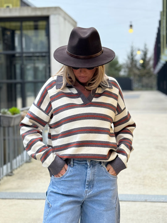 Pull rayure polo gris/orange 688