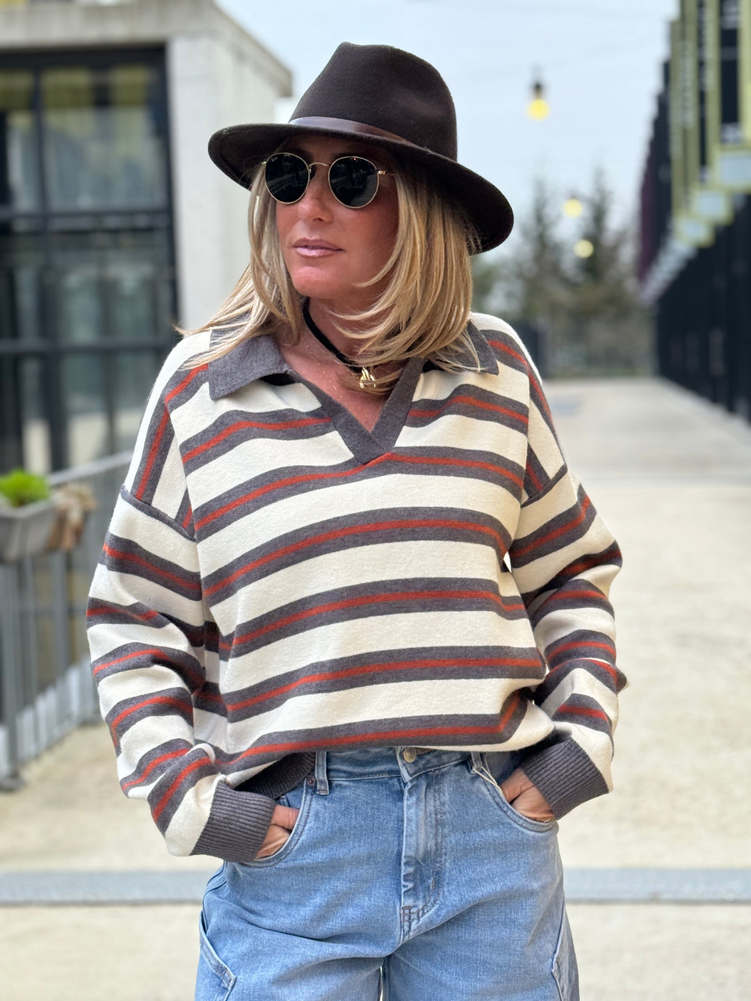 Pull rayure polo gris/orange 688